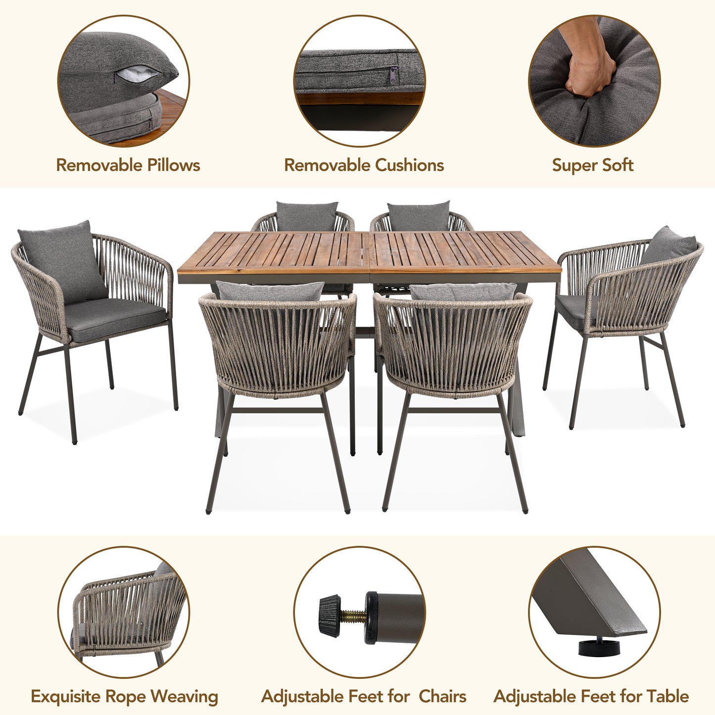 HighSound 7-Piece Outdoor Patio Dining Set, All Weather Patio Dining Chair & Table Set for 6 People, Sectional Conversation Set for Patios, Backyard, Balcony, Garden, Lawn, Gray Cushions - VANELC