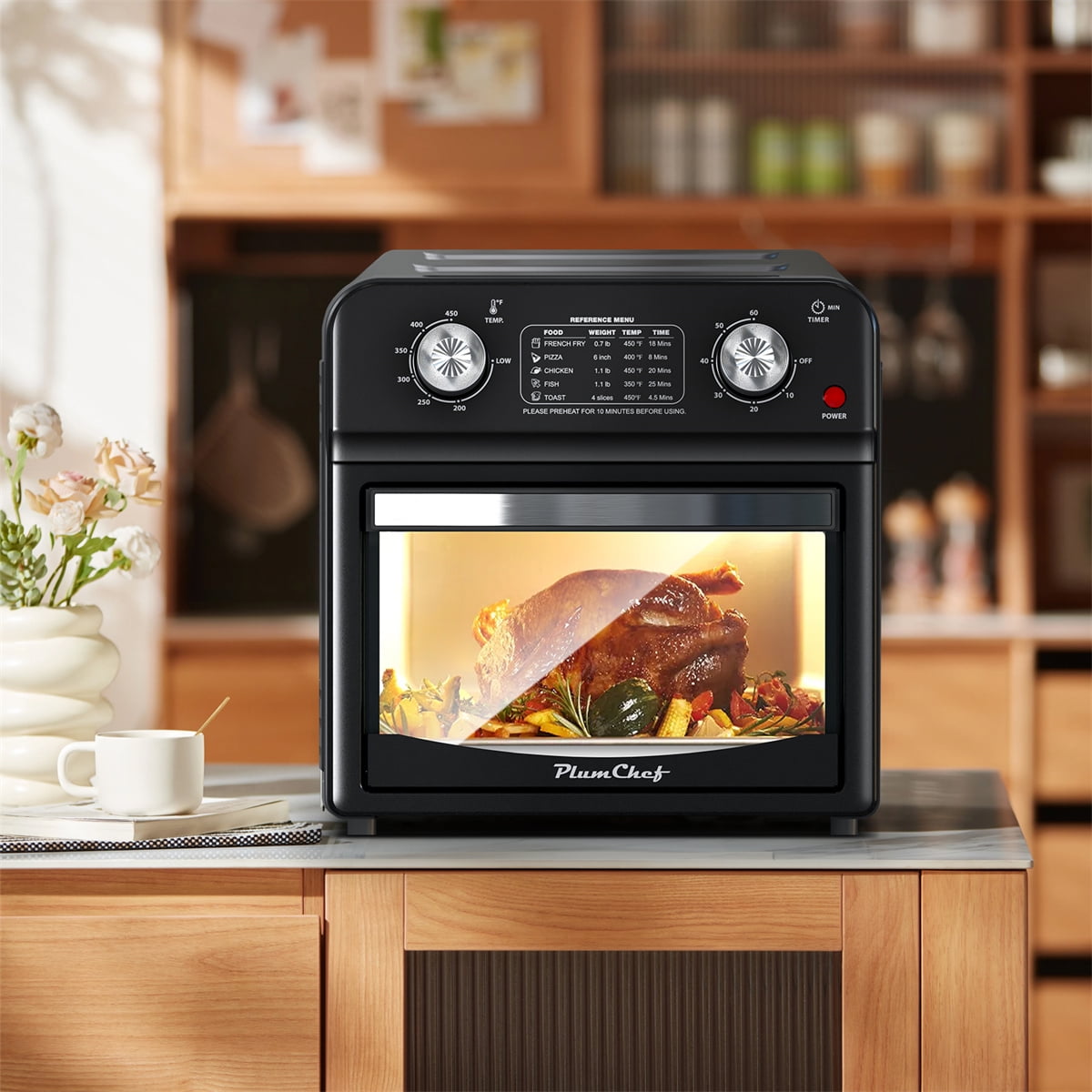 Plum Chef Air Fryer Oven 13 Quart, Oil-less Air Fryer Toaster Oven with Digital Recipe, 1500W, Black - VANELC