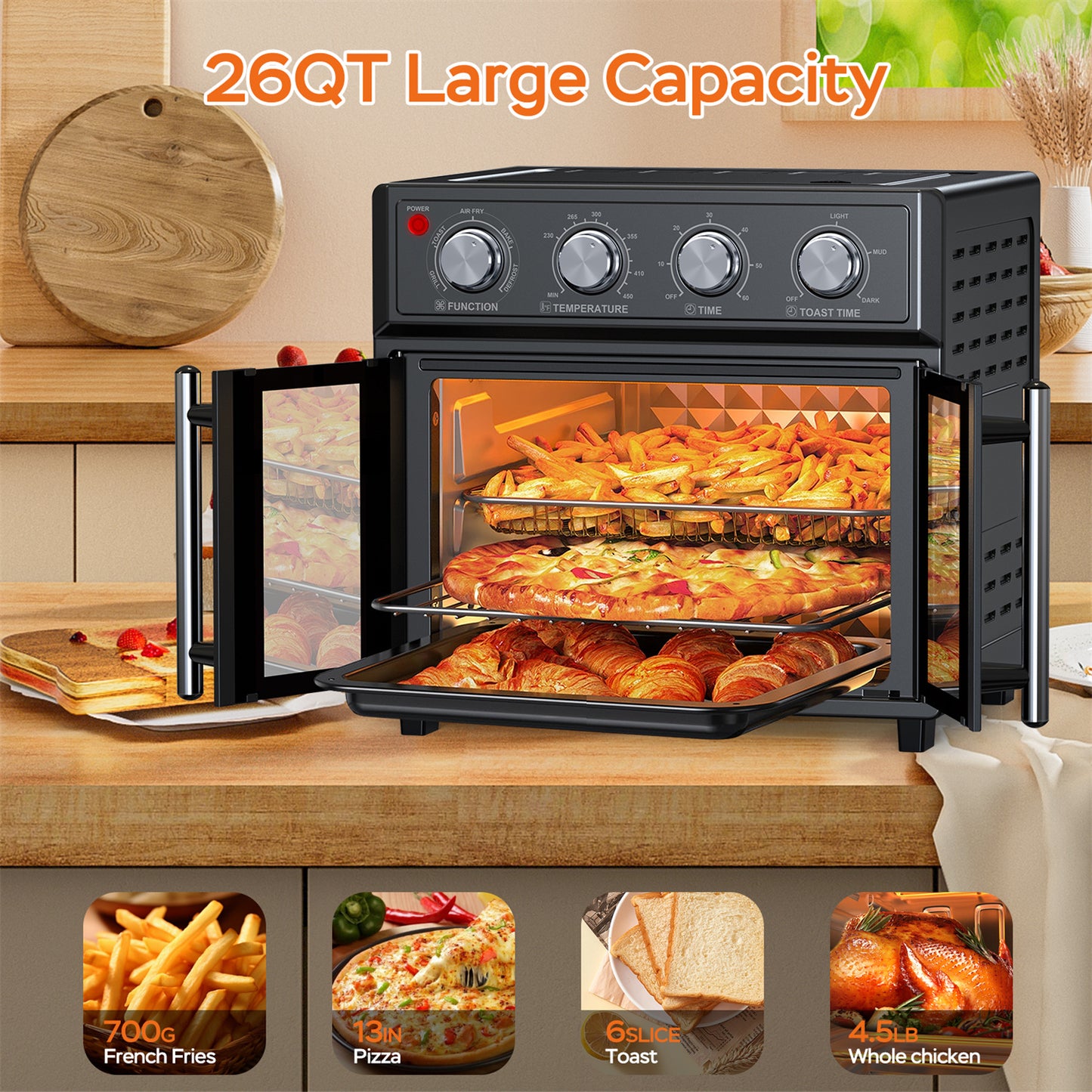Plum Chef Air Fryer Toaster Oven, 26QT 7-in-1 Convection Countertop Oven with Air Fry, Bake, Grill, Toast, Dehydrate, Perfect for Family Kitchen, Healthy Low Oil Cooking, Ideal Gift, Black - VANELC
