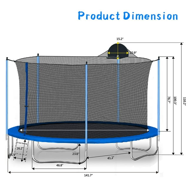 Highsound 12 FT Trampoline for Adults/Kids with Safety Enclosure Net - VANELC