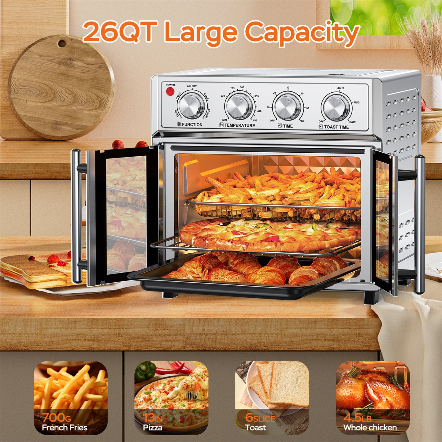 Plum Chef Air Fryer Toaster Oven, 27.5QT 7-in-1 Convection Countertop Oven with Air Fry, Bake, Grill, Toast, Dehydrate, Perfect for Family Kitchen, Healthy Low Oil Cooking, Ideal Gift, Silver - VANELC