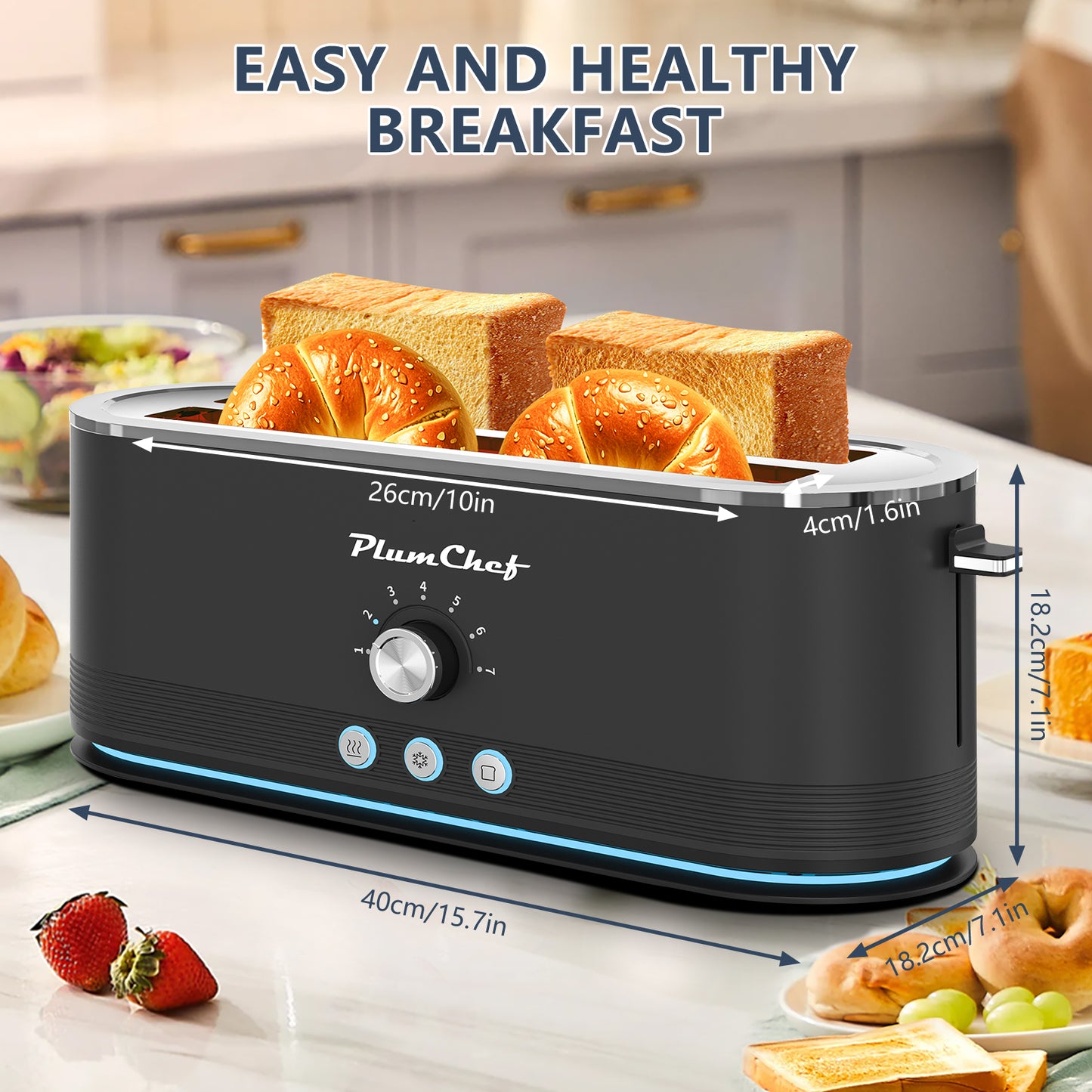 Plum Chef Toaster 4 Slice, Extra Long Slots 4 Slice Toaster, Reheat/Defrost/Cancel Function 6 Browning Settings Auto Pop-up Removable Crumb Tray - VANELC