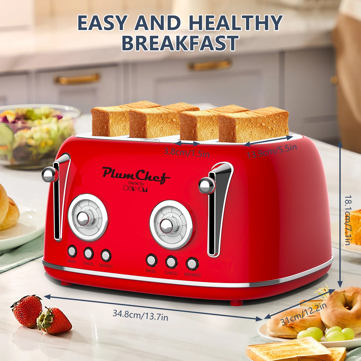 Plum Chef 4 Slice Toaster, Retro Stainless Steel with Bagel Defrost Cancel Function, 6 Browning Settings, Dual Control Toaster with Extre Wide Slot & Removable Crumb Tray, Red, 1650W - VANELC