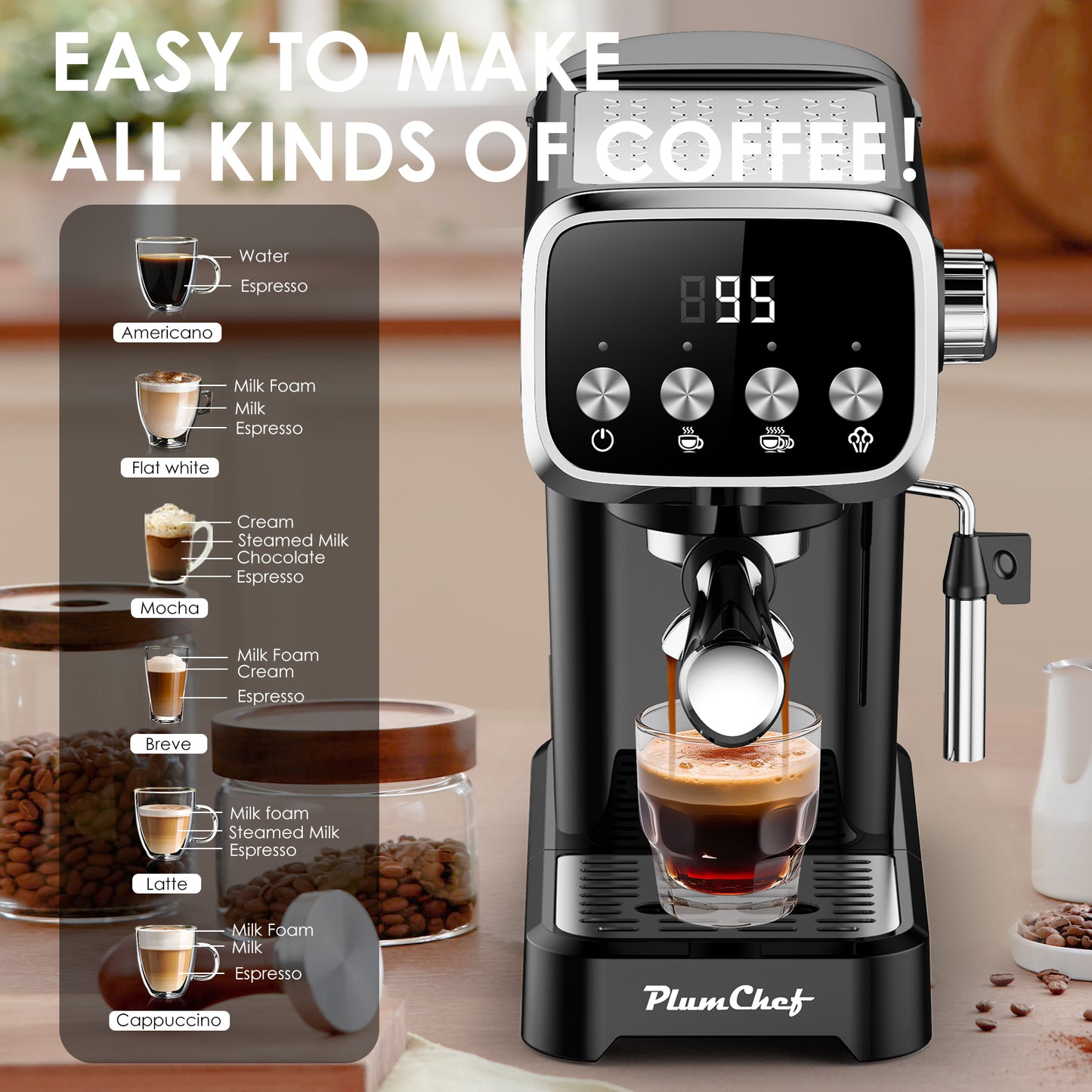 Plum Chef Espresso Machine with Steam Milk Frother Semi Automatic 20 Bar Compact Coffee Maker with LED Display for home Cafetera Espresso, Latte, Cappuccino, Americano, Macchiato