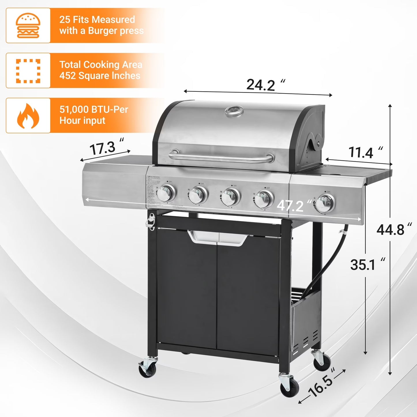 YIORTWO 4-Burner Propane Gas Grill with Side Burner, 51,000 BTU Outdoor Barbecue Grill, Stainless Steel BBQ Grill for Backyard Cooking, Black