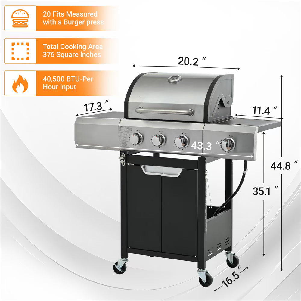 Highsound 3-Burner Propane Gas Grill with Side Burner, 37,000 BTU Outdoor BBQ Grill, Portable Stainless Steel Grill on Wheels for Patio, Garden, Black