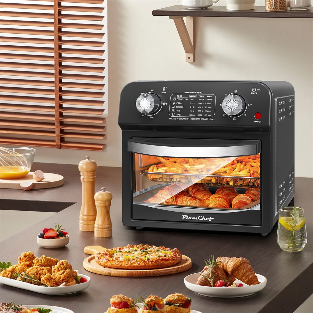 Plum Chef Air Fryer Oven 13 Quart, Oil-less Air Fryer Toaster Oven with Digital Recipe, 1500W, Black - VANELC