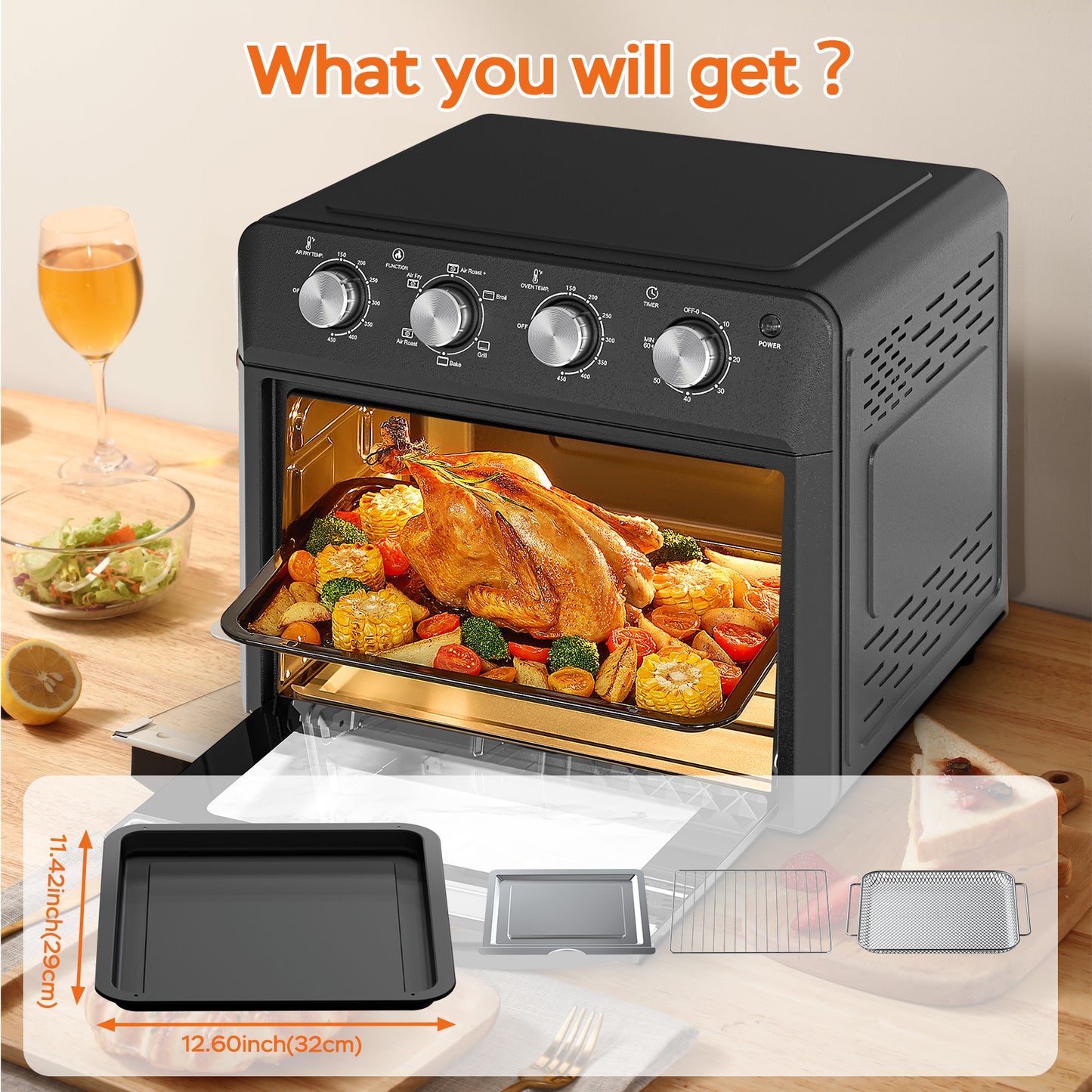 Plum Chef 27.5QT Air Fryer, 6-in-1 Extra Large Air Fryer Toaster Oven with 7 Presets for Roasting, Baking & Frying, Accessories Included, Stainless Steel Finish, Black - VANELC