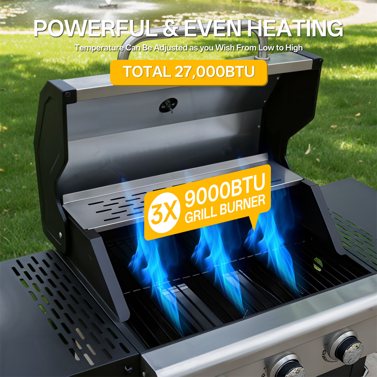 YIORTWO 3 Burner Propane Gas Grill with Cover, 27,000 BTU Outdoor BBQ with Stainless Steel Lid & Storage Cabinet, Portable for Patio & Camping - VANELC