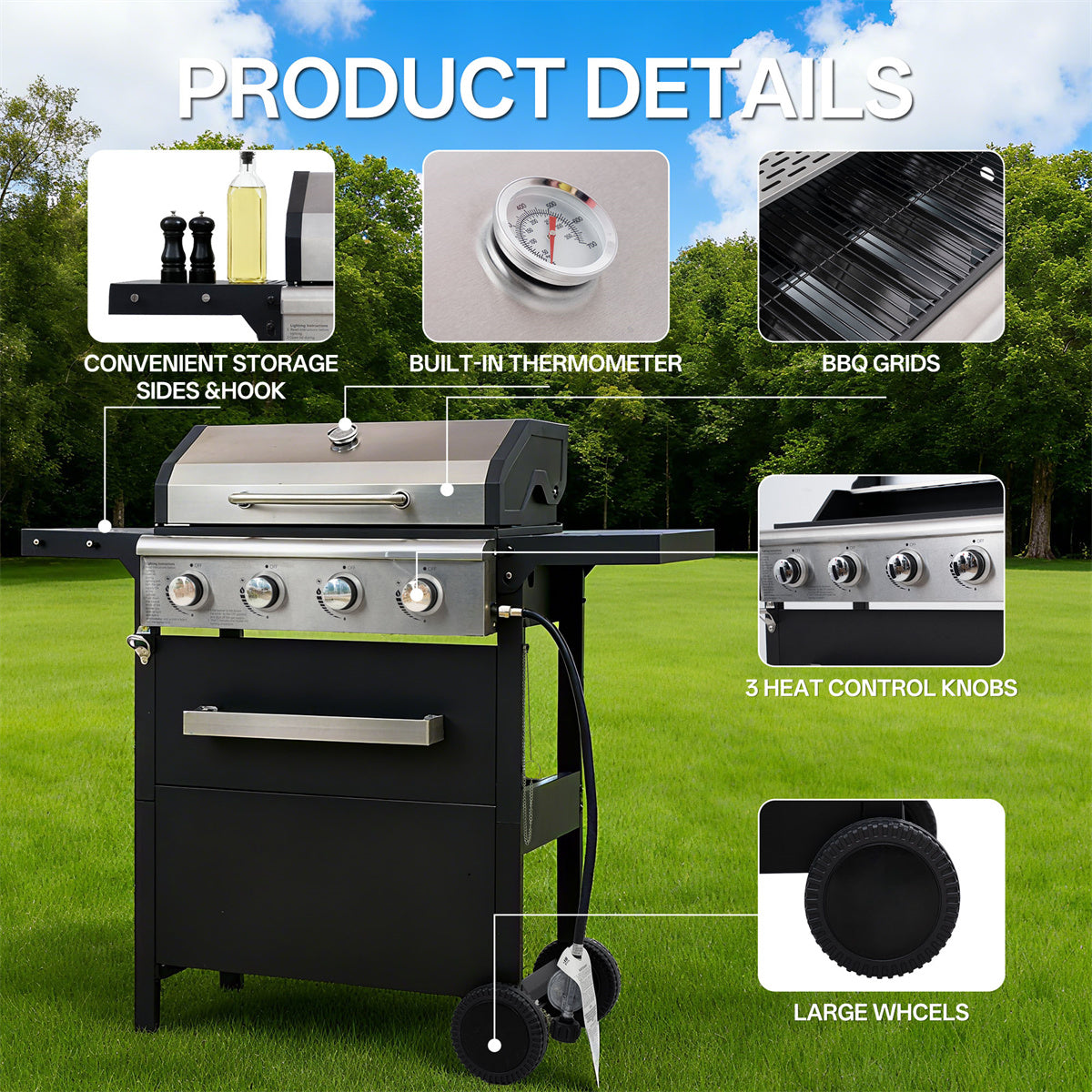 YIORTWO 4 Burner Propane Gas Grill with Cover, 36,000 BTU Outdoor BBQ with Stainless Steel Lid & Storage Cabinet, Portable for Patio & Camping - VANELC