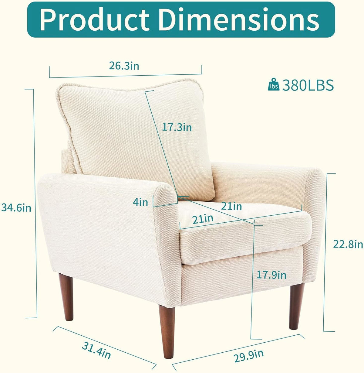 YIORTWO Accent Chair, Modern Upholstered Comfy Sofa Chairs, Single Leisure Sofa with Cushioned Seat, Ergonomic Design, High-Density Foam, Wooden Legs, Sturdy Metal Frame, 380 lbs Capacity, Beige
