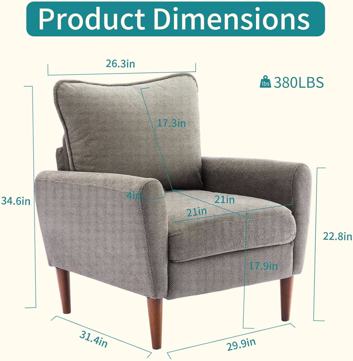 YIORTWO Accent Chair, Modern Upholstered Comfy Sofa Chairs, Single Leisure Sofa with Cushioned Seat, Ergonomic Design, High-Density Foam, Wooden Legs, Sturdy Metal Frame, 380 lbs Capacity, Gray