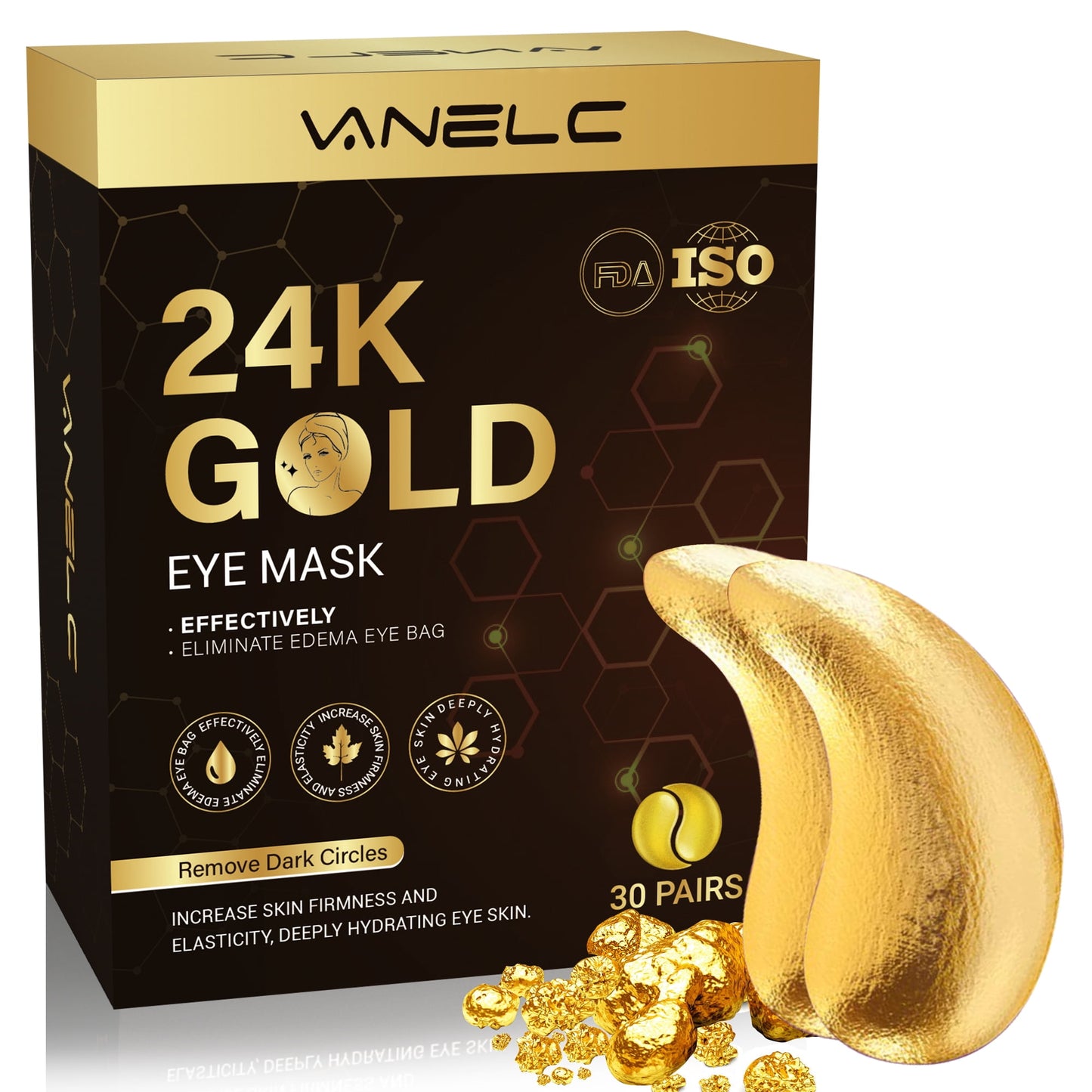 Vanelc 24K Gold Eye Patches, 30 Pairs Under Eye Mask for Dark Circles & Puffy Eyes - VANELC