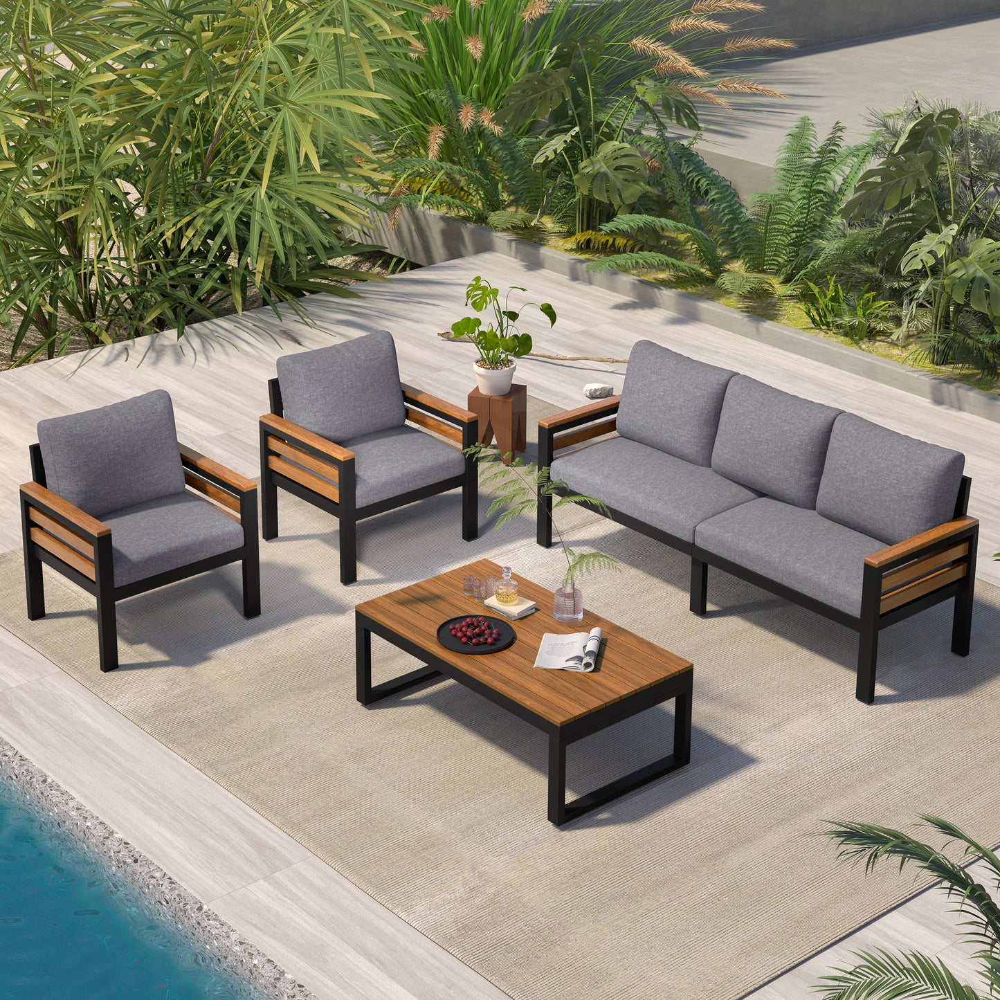 YIORTWO Patio Furniture Set, 4 Piece Outdoor Patio Furniture with Coffee Table Set, Metal Patio Conversation Sets with Washable and High-Resiliency Sponge Cushions, Gray - VANELC