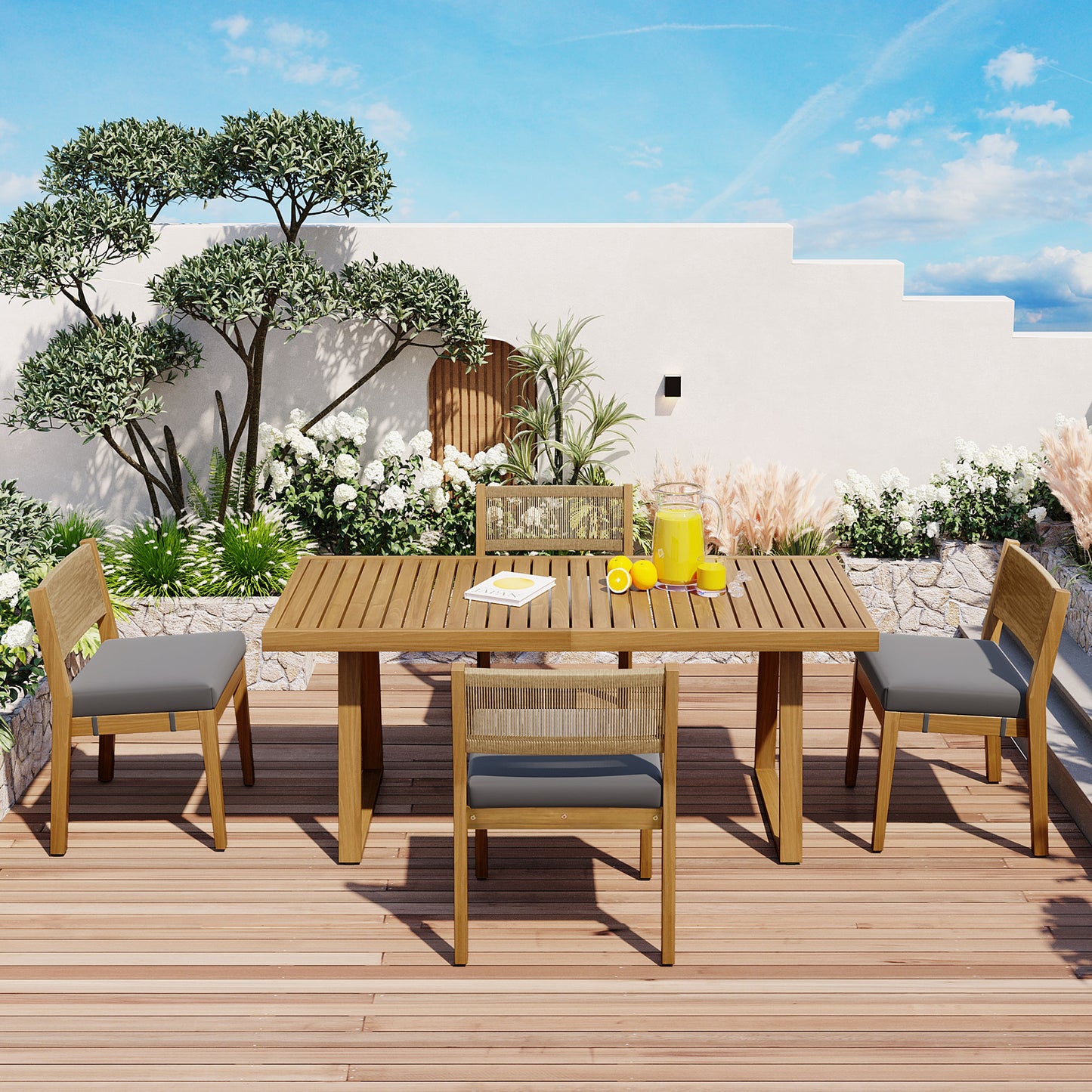 YIORTWO 5-Piece Acacia Wood Outdoor Dining Set with Thick Cushions, 47" Table & 4 Chairs for Patio, Garden, Balcony, Gray - VANELC