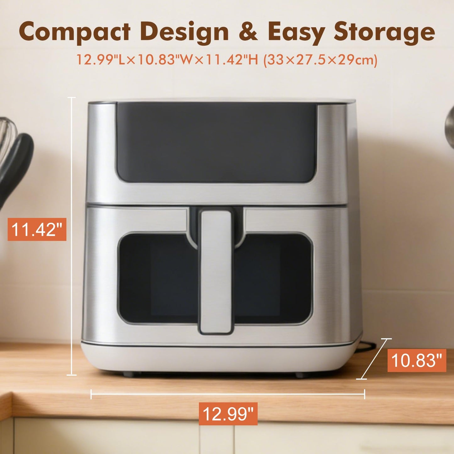 Plum Chef 6.34QT Air Fryer, 8-in-1 Air Fryers Oven with Visible Window, 400℉ Fast Heating, Nonstick Dishwasher-Safe Basket, Timer & Auto-Off, Stainless Steel - VANELC