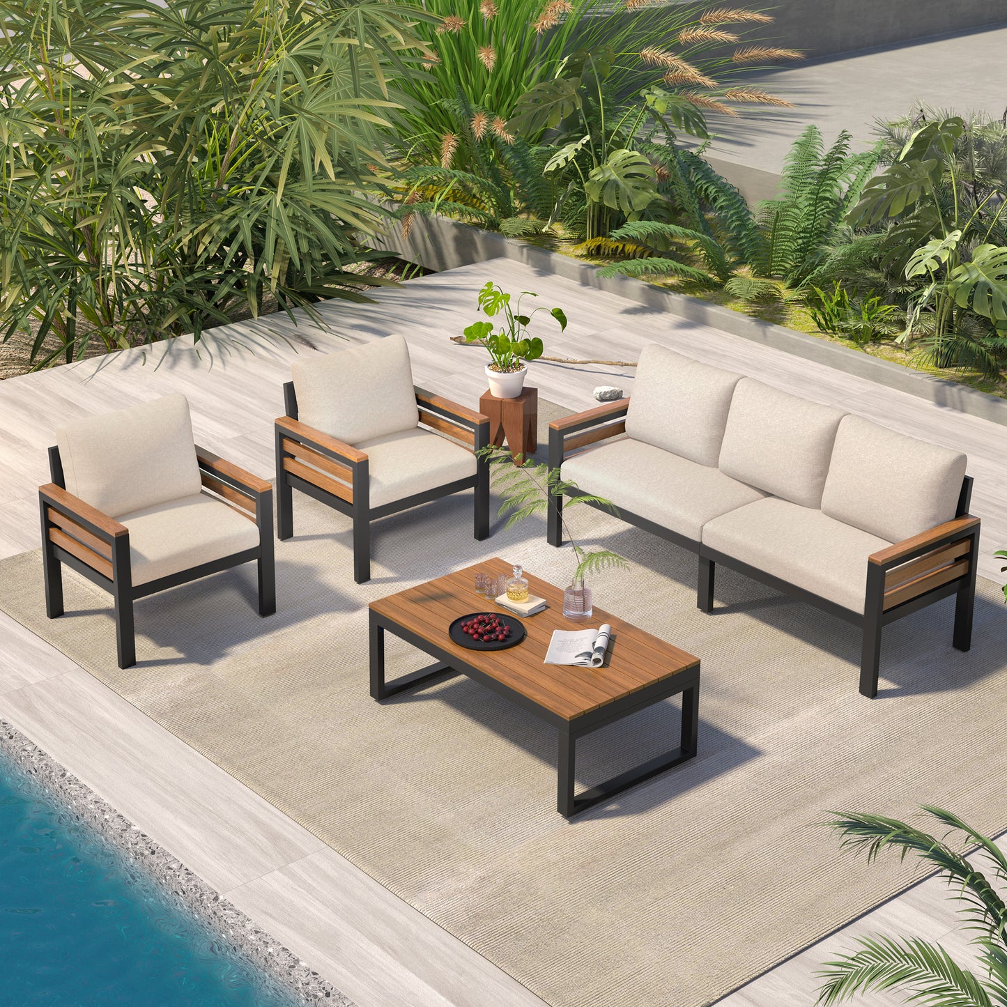 YIORTWO Patio Furniture Set, 4 Piece Outdoor Patio Furniture with Coffee Table Set, Metal Patio Conversation Sets with Washable and High-Resiliency Sponge Cushions, Beige - VANELC