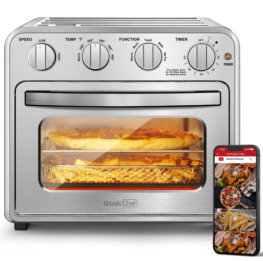 Geek Chef Air Fryer Toaster Oven Combo 16 Quart 5-in-1 Countertop Dehydrator for Chicken, Pizza, Cookies, 1400W, 4 Accessories Included, Silver - VANELC