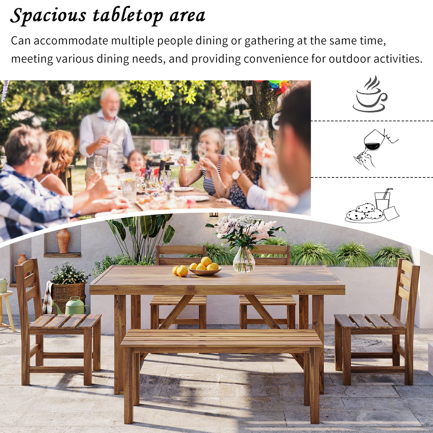 HighSound 6-Piece Outdoor Acacia Wood Dining Set, Patio Table and Chairs Set with Bench for 6-7 People, Outdoor Dining Furniture Set for Garden, Backyard and Poolside, Natural - VANELC