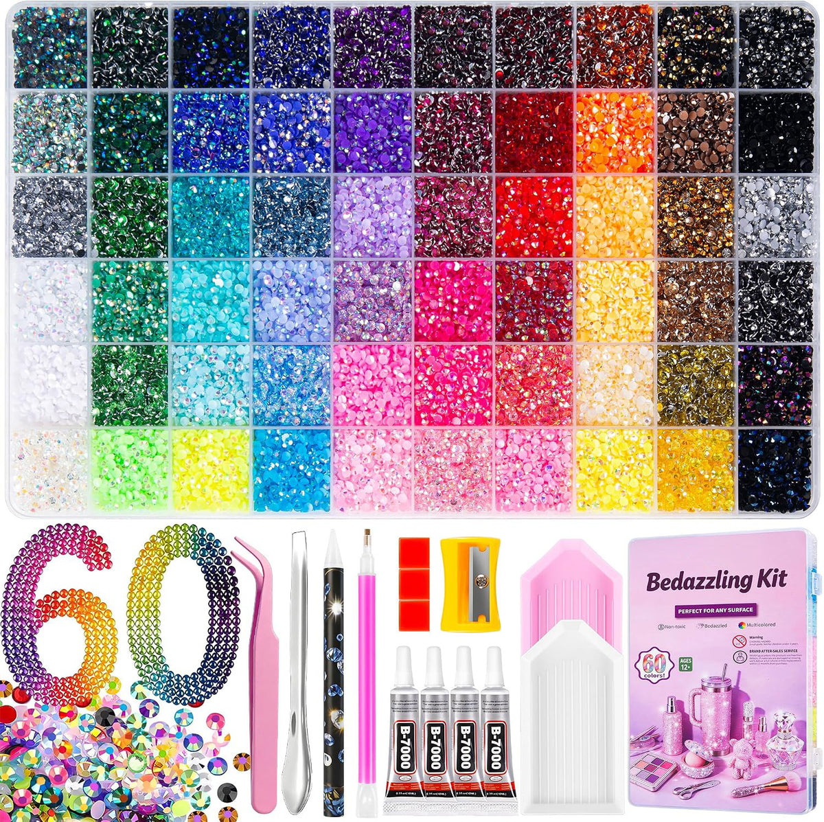 36000Pcs Bedazzling Kit, 60-Color Resin Rhinestones Bedazzler Kit for Nail Gems & Diamond Art