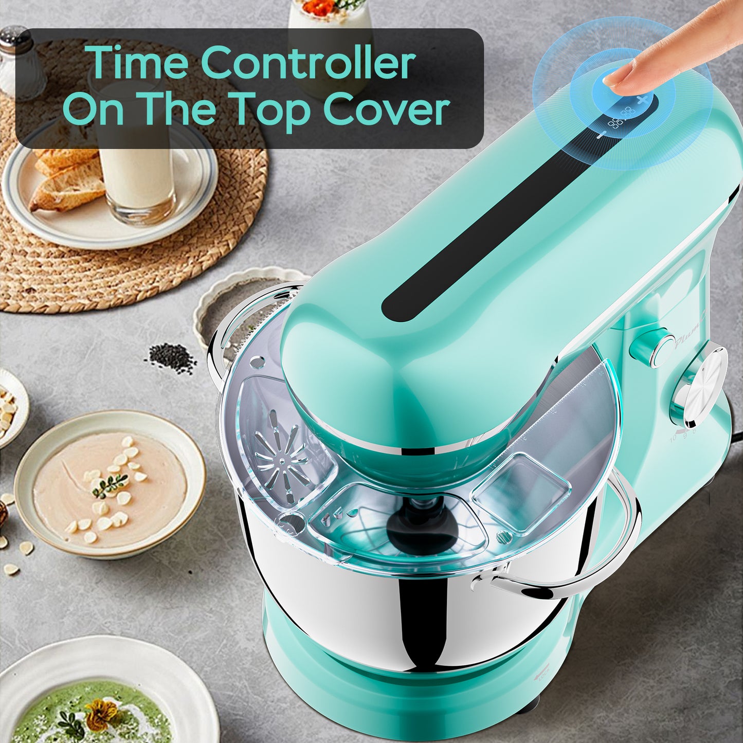Plum Chef 5QT Stand Mixer with Extra 4.5QT Bowl & Timer, 300W Kitchen Mixer with Dough Hook, Beater, Whisk, 10 Speeds, Perfect for Baking, Retro Blue - VANELC