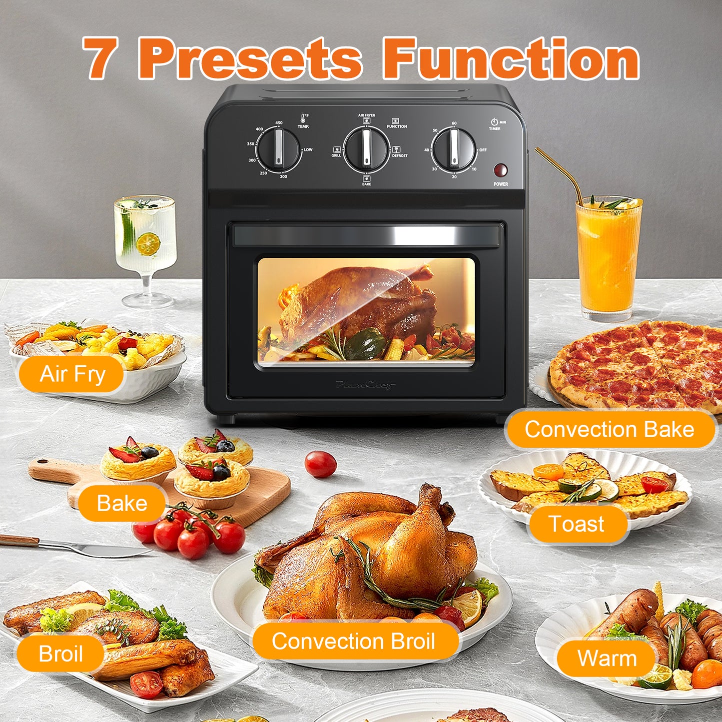 Plum Chef 13QT Air Fryer Toaster Oven Combo, 7-in-1 Countertop Convection Oven with 360° Hot Air Circulation for Healthy Oil-Free Cooking, Family Size, Includes Accessories & Adjustable Control - VANELC