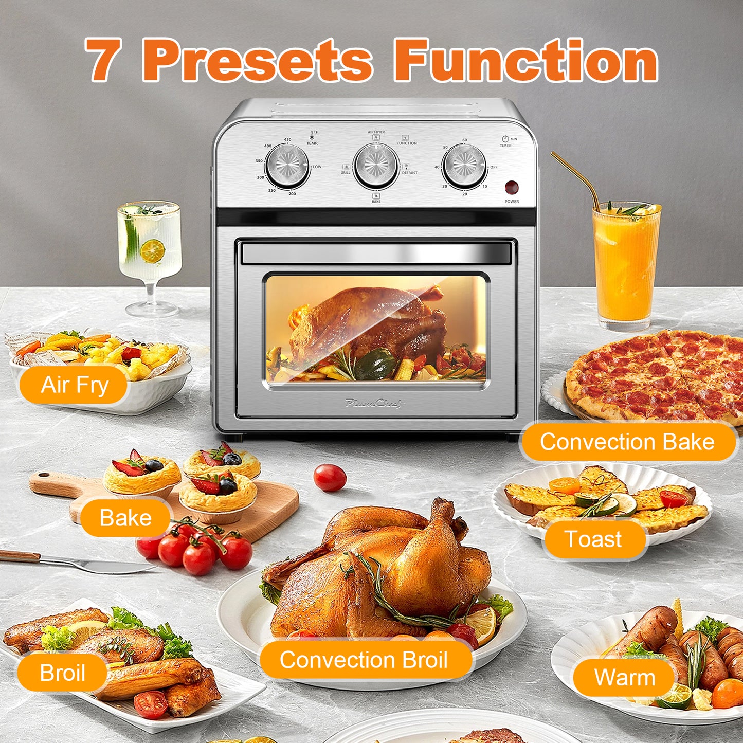 Plum Chef 13QT Air Fryer Toaster Oven Combo, 7-in-1 Multifunctional Countertop Oven with 360° Hot Air Circulation for Healthy Oil-Free Cooking, Family Size, Stainless Steel, Silver - VANELC