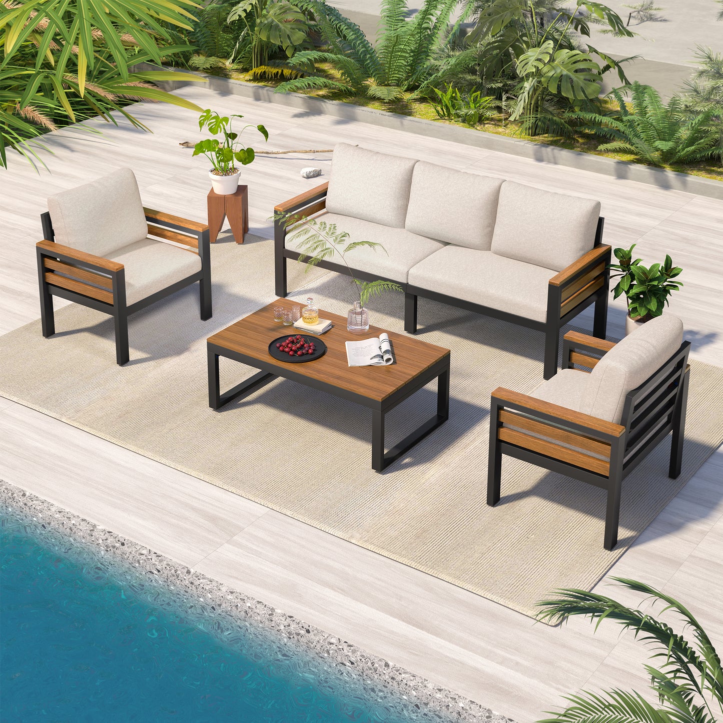 YIORTWO Patio Furniture Set, 4 Piece Outdoor Patio Furniture with Coffee Table Set, Metal Patio Conversation Sets with Washable and High-Resiliency Sponge Cushions, Beige - VANELC