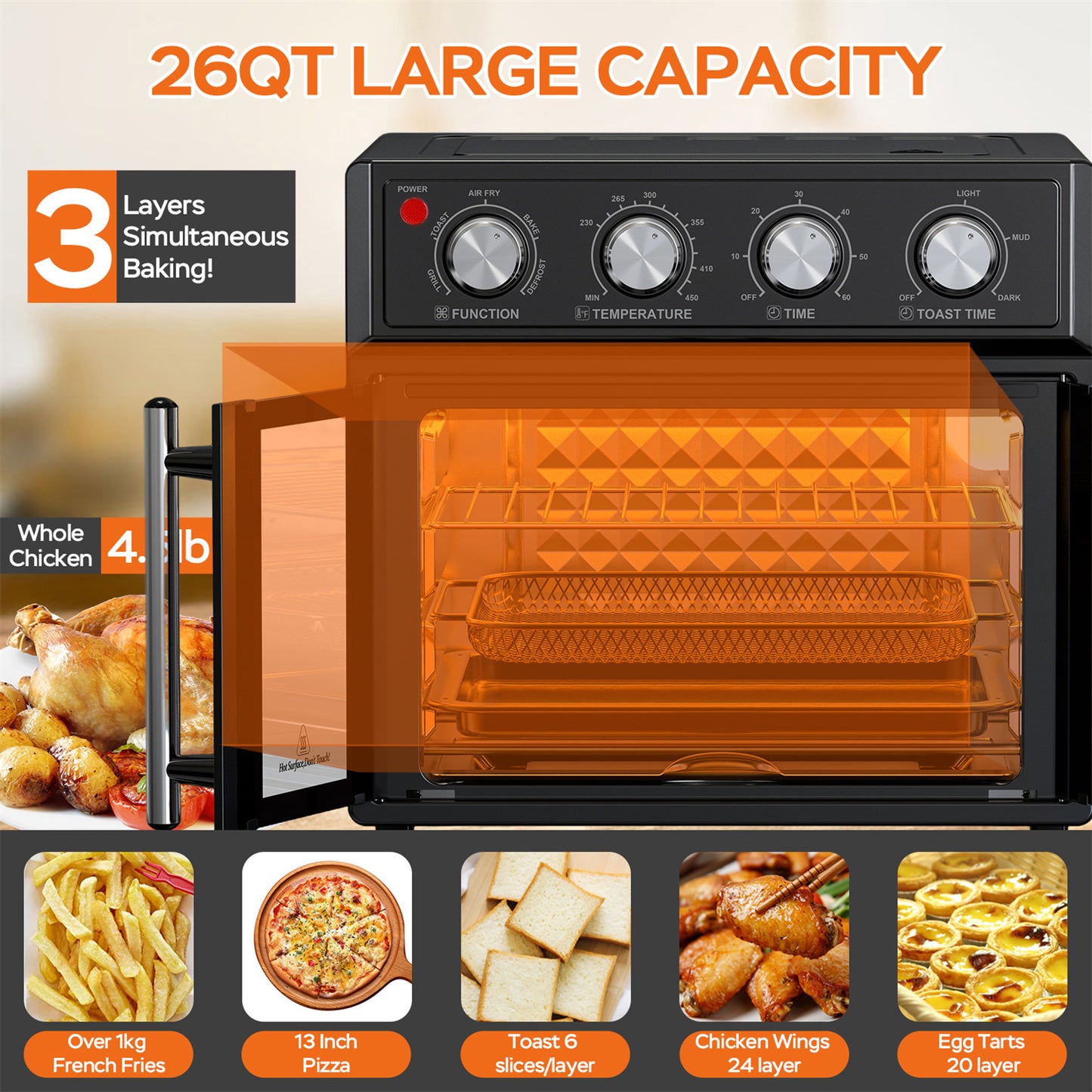 Plum Chef Air Fryer Toaster Oven, 26QT 7-in-1 Convection Countertop Oven with Air Fry, Bake, Grill, Toast, Dehydrate, Perfect for Family Kitchen, Healthy Low Oil Cooking, Ideal Gift, Black - VANELC