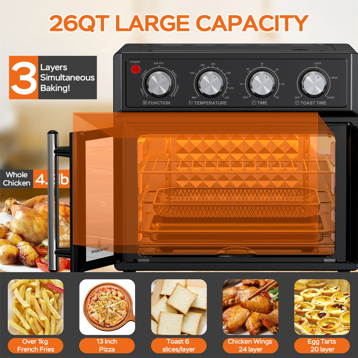 Plum Chef Air Fryer Toaster Oven, 26QT 7-in-1 Convection Countertop Oven with Air Fry, Bake, Grill, Toast, Dehydrate, Perfect for Family Kitchen, Healthy Low Oil Cooking, Ideal Gift, Black - VANELC