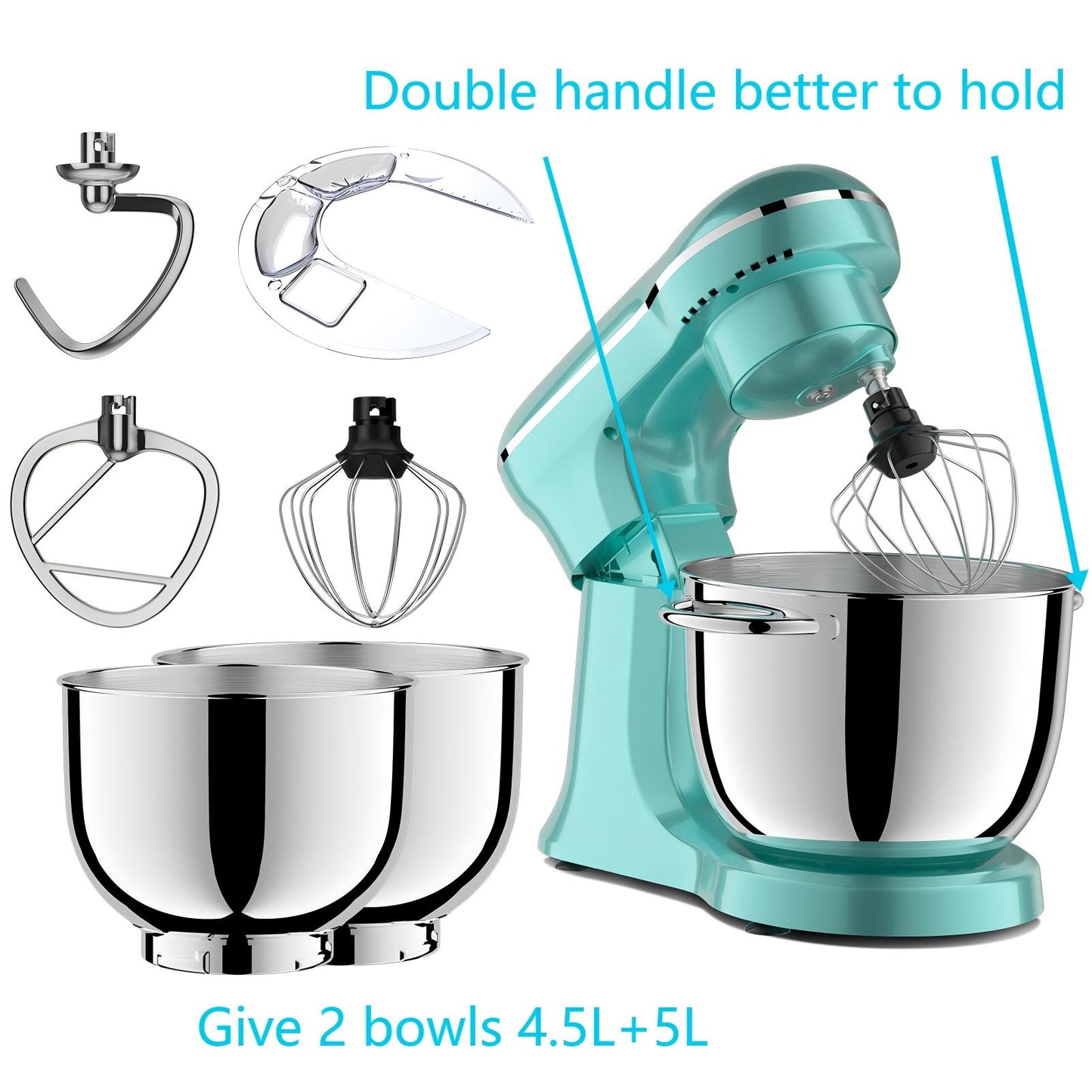 Plum Chef 5QT Stand Mixer with Extra 4.5QT Bowl & Timer, 300W Kitchen Mixer with Dough Hook, Beater, Whisk, 10 Speeds, Perfect for Baking, Retro Blue - VANELC