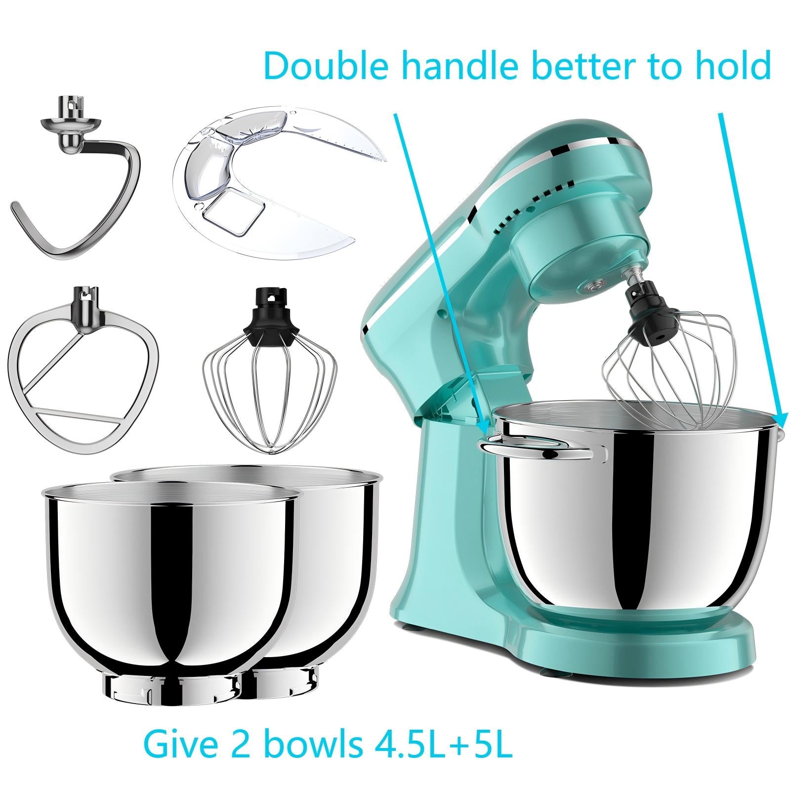 Plum Chef 5QT Stand Mixer with Extra 4.5QT Bowl & Timer, 300W Kitchen Mixer with Dough Hook, Beater, Whisk, 10 Speeds, Perfect for Baking, Retro Blue - VANELC