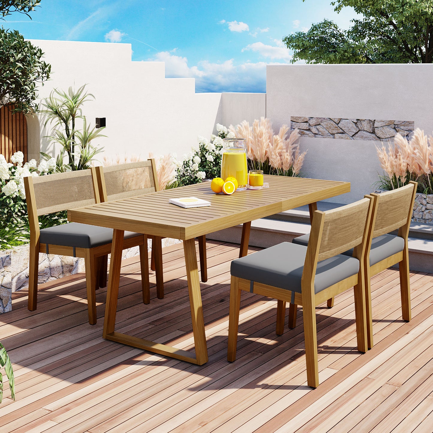 YIORTWO 5-Piece Acacia Wood Outdoor Dining Set with Thick Cushions, 47" Table & 4 Chairs for Patio, Garden, Balcony, Gray - VANELC
