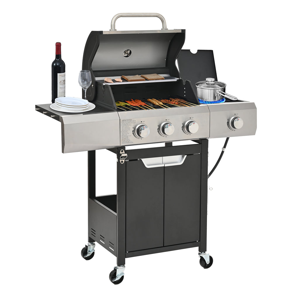 Highsound 3-Burner Propane Gas Grill with Side Burner, 37,000 BTU Outdoor BBQ Grill, Portable Stainless Steel Grill on Wheels for Patio, Garden, Black