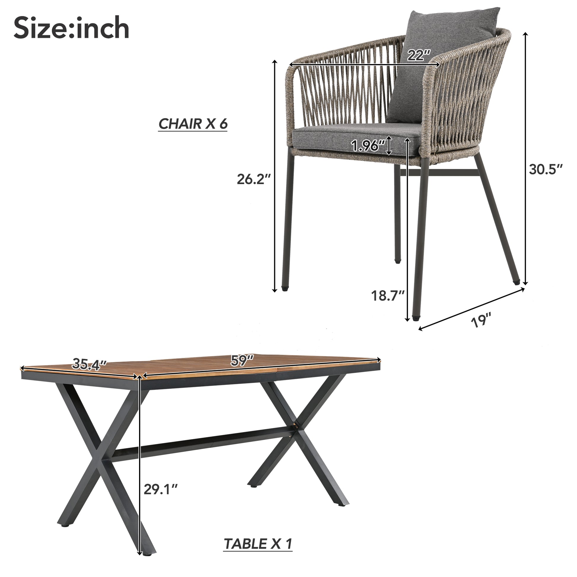 HighSound 7-Piece Outdoor Patio Dining Set, All Weather Patio Dining Chair & Table Set for 6 People, Sectional Conversation Set for Patios, Backyard, Balcony, Garden, Lawn, Gray Cushions - VANELC