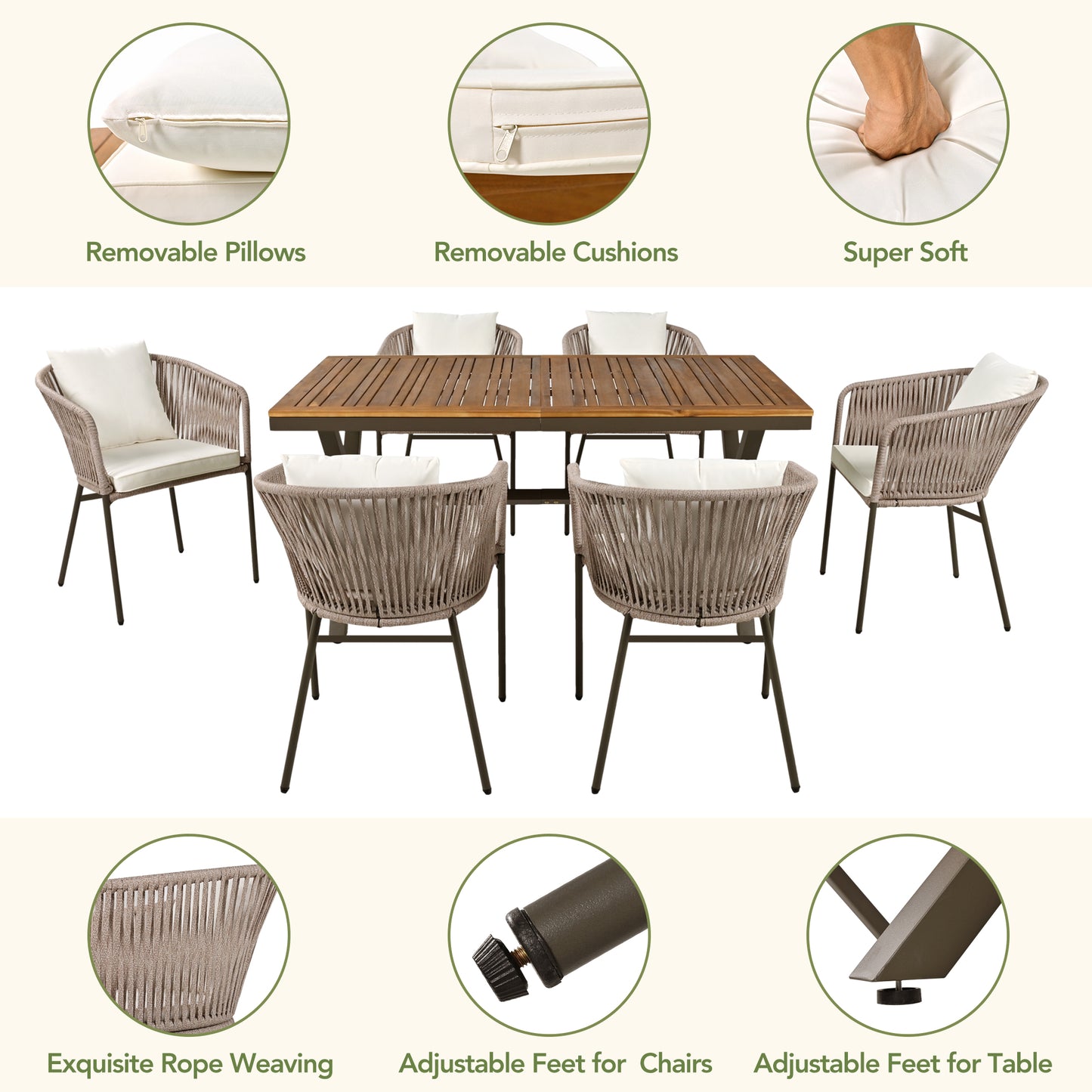HighSound 7-Piece Outdoor Patio Dining Set, All Weather Patio Dining Chair & Table Set for 6 People, Sectional Conversation Set for Patios, Backyard, Balcony, Garden, Lawn, Beige Cushions - VANELC