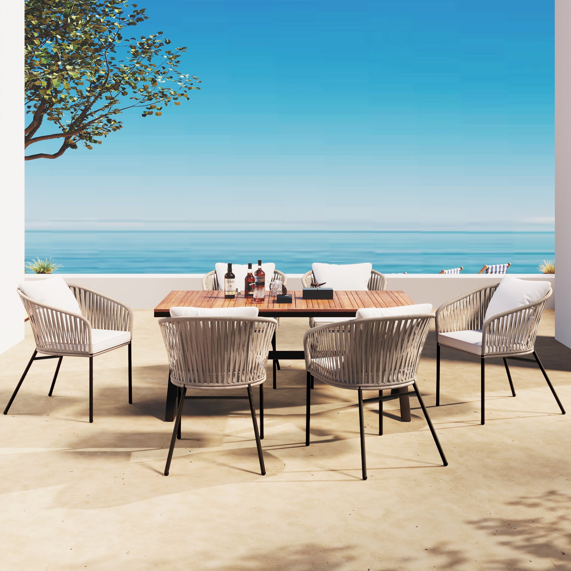 HighSound 7-Piece Outdoor Patio Dining Set, All Weather Patio Dining Chair & Table Set for 6 People, Sectional Conversation Set for Patios, Backyard, Balcony, Garden, Lawn, Beige Cushions - VANELC