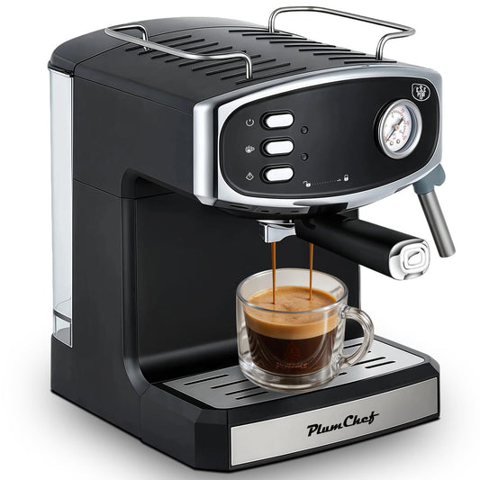 Plum Chef Espresso Machine with Automatic Milk Frother, 20 Bar Cappuccino Machines for Home, Coffee Maker with ESE Filters, 1.8L Water Tank, 1350W, Black - VANELC