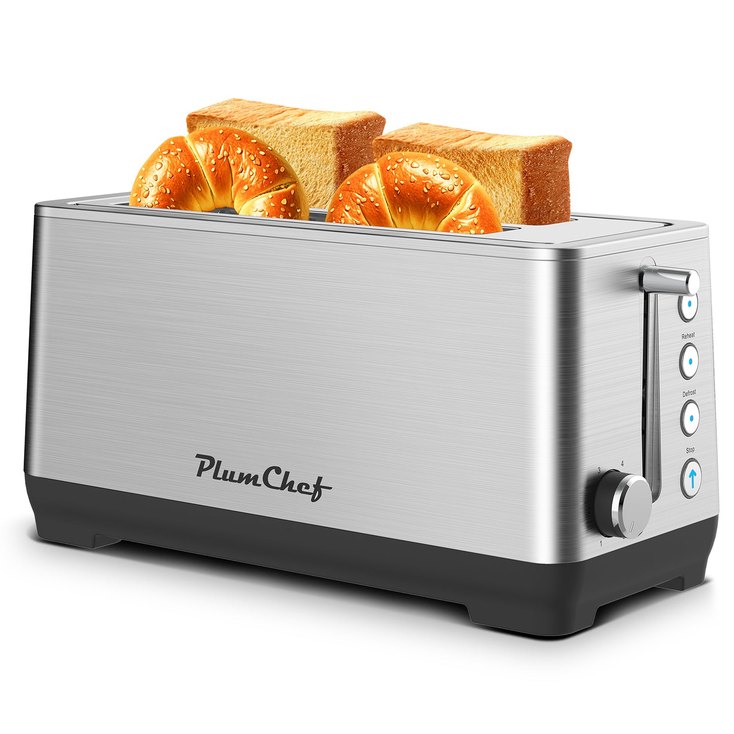 Plum Chef Long Slot 4 Slice Toaster 1600W, for Bagels & Waffles, 6 Browning Levels, 4 Basic Functions & Removable Tray, Kitchen Gadgets, Silver - VANELC