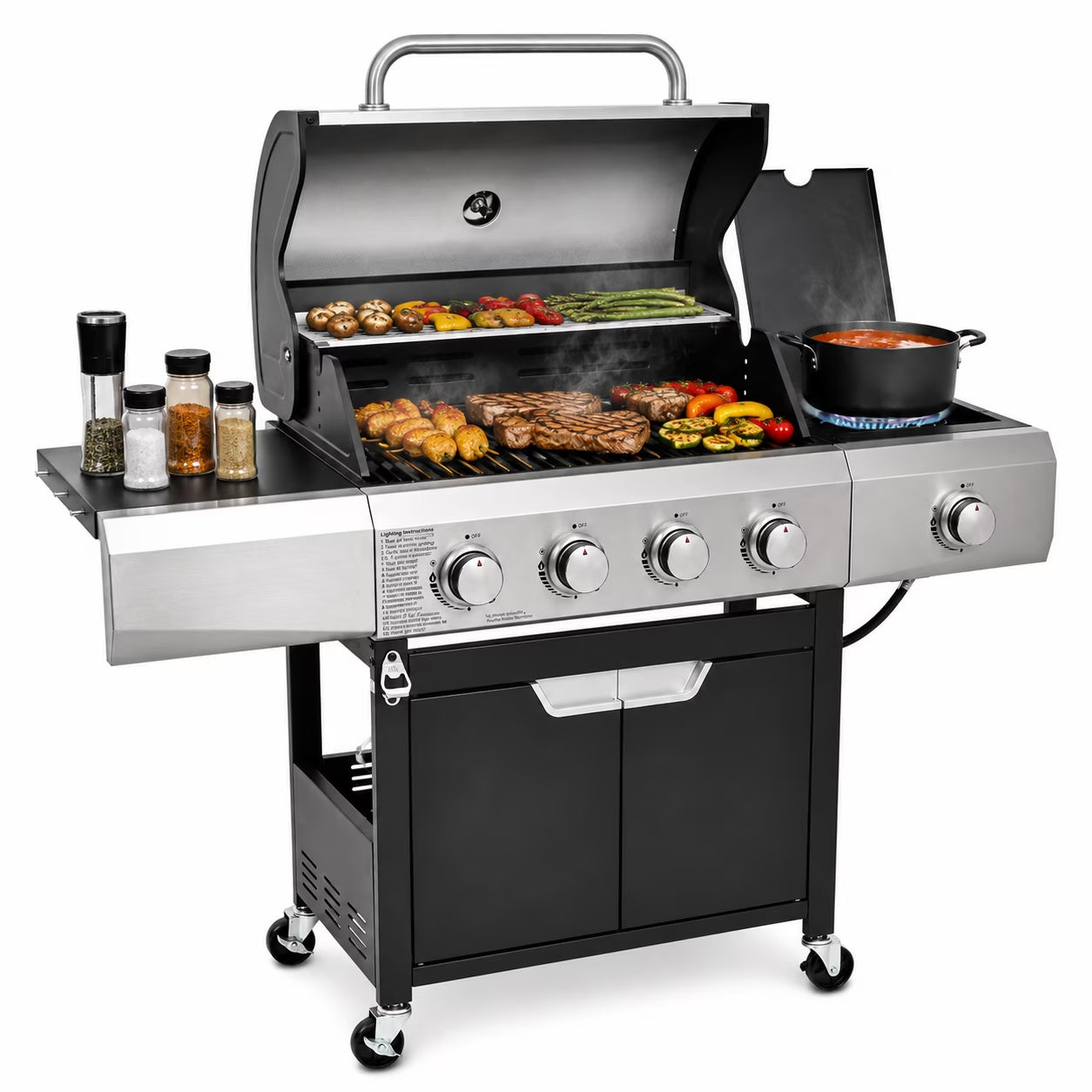 YIORTWO 4-Burner Propane Gas Grill with Side Burner, 51,000 BTU Outdoor Barbecue Grill, Stainless Steel BBQ Grill for Backyard Cooking, Black
