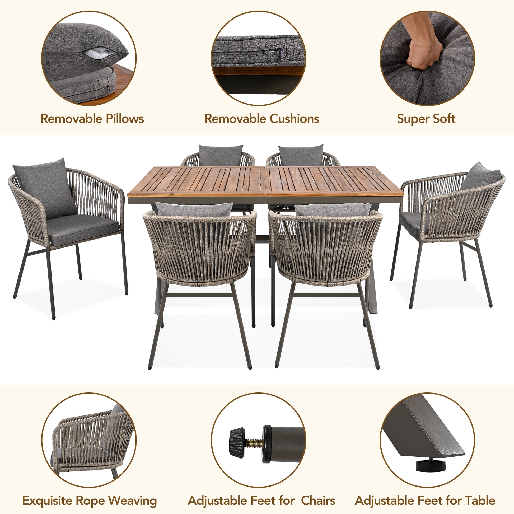 HighSound 7-Piece Outdoor Patio Dining Set, All Weather Patio Dining Chair & Table Set for 6 People, Sectional Conversation Set for Patios, Backyard, Balcony, Garden, Lawn, Gray Cushions - VANELC