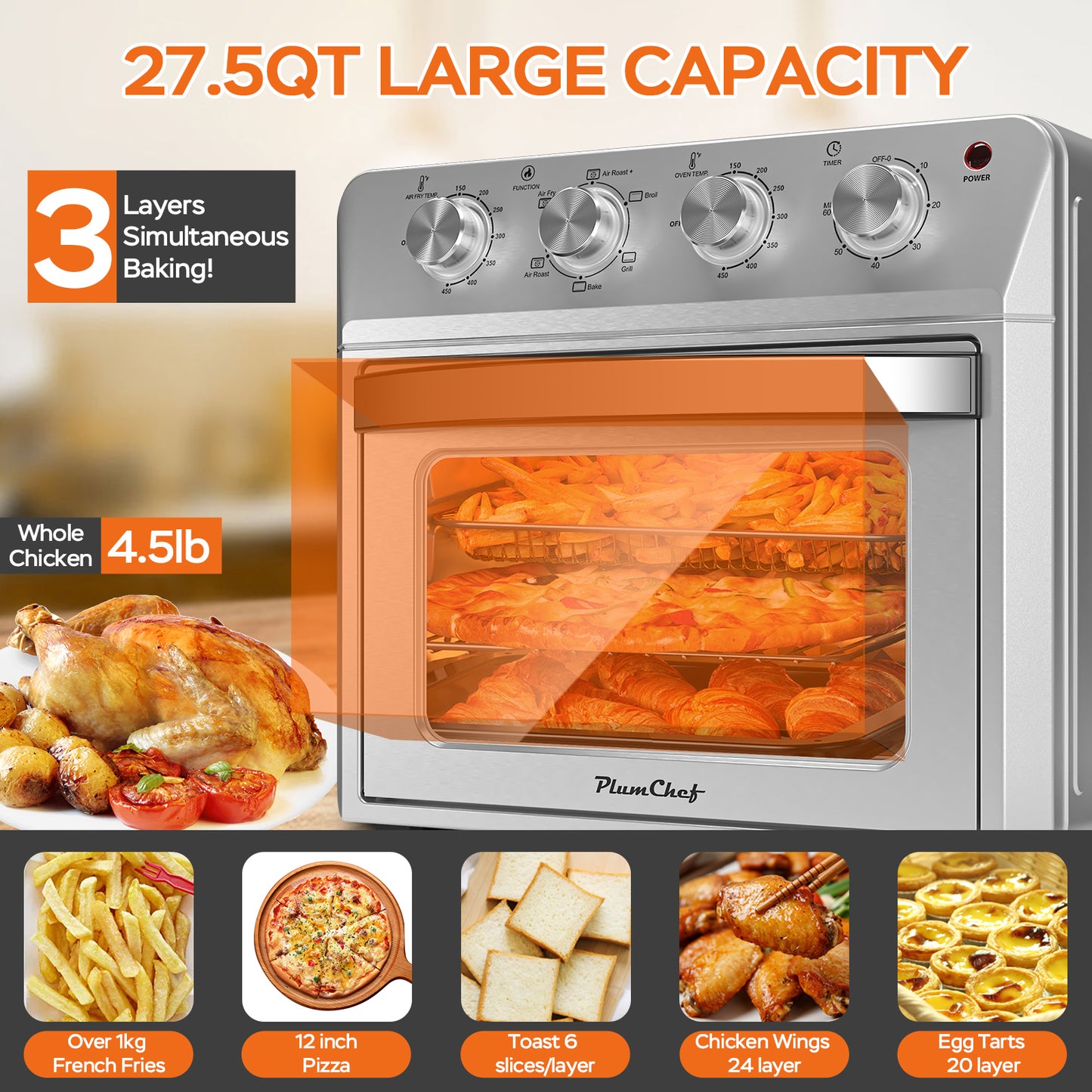 Plum Chef 27.5QT Air Fryer Toaster Oven Combo, Extra Large 7-in-1 Countertop Oven with Bake, Broil, Roast, Toast, Healthy Air Fry Function, 1600W, Digital Controls & 60-Min Timer, Silver - VANELC