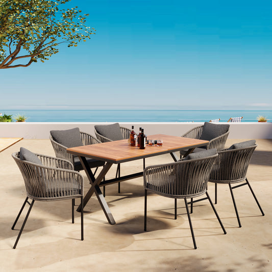 HighSound 7-Piece Outdoor Patio Dining Set, All Weather Patio Dining Chair & Table Set for 6 People, Sectional Conversation Set for Patios, Backyard, Balcony, Garden, Lawn, Gray Cushions - VANELC