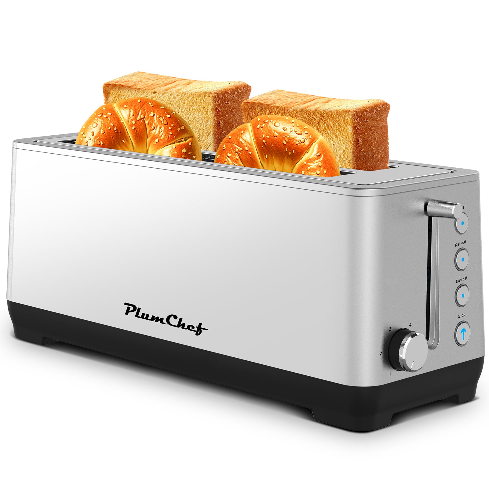 Plum Chef 4-Slice Extra Wide Slot Toaster, 6 Browning Settings & Bagel/Defrost/Reheat, Brushed Stainless Steel - VANELC