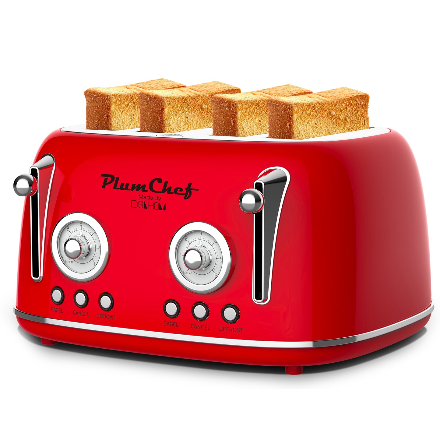 Plum Chef 4 Slice Toaster, Retro Stainless Steel with Bagel Defrost Cancel Function, 6 Browning Settings, Dual Control Toaster with Extre Wide Slot & Removable Crumb Tray, Red, 1650W - VANELC