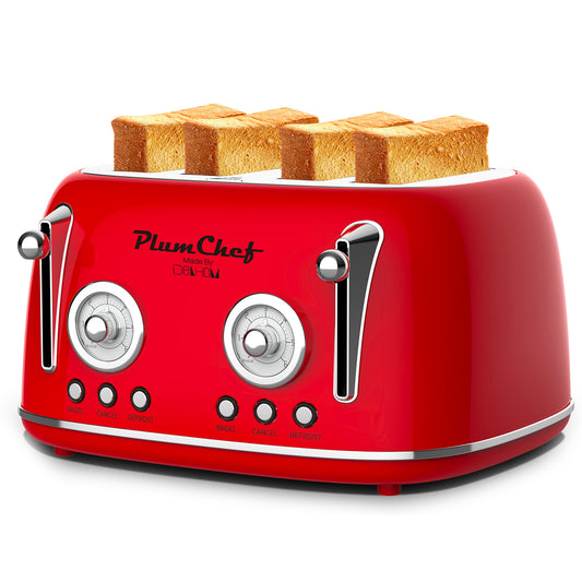 Plum Chef 4 Slice Toaster, Retro Stainless Steel with Bagel Defrost Cancel Function, 6 Browning Settings, Dual Control Toaster with Extre Wide Slot & Removable Crumb Tray, Red, 1650W - VANELC