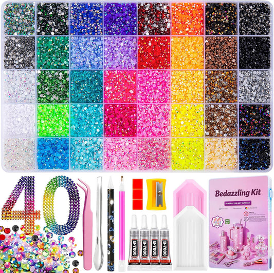 Resin Jelly Bedazzler Kit, 32000PCS 40-Color Rhinestones for Crafts, Complete Diamond Art & DIY Bedazzling Kit with Glue, Pickup Pen, Tweezers for Nail Art, Makeup, Tumblers, Clothes & Home Decor