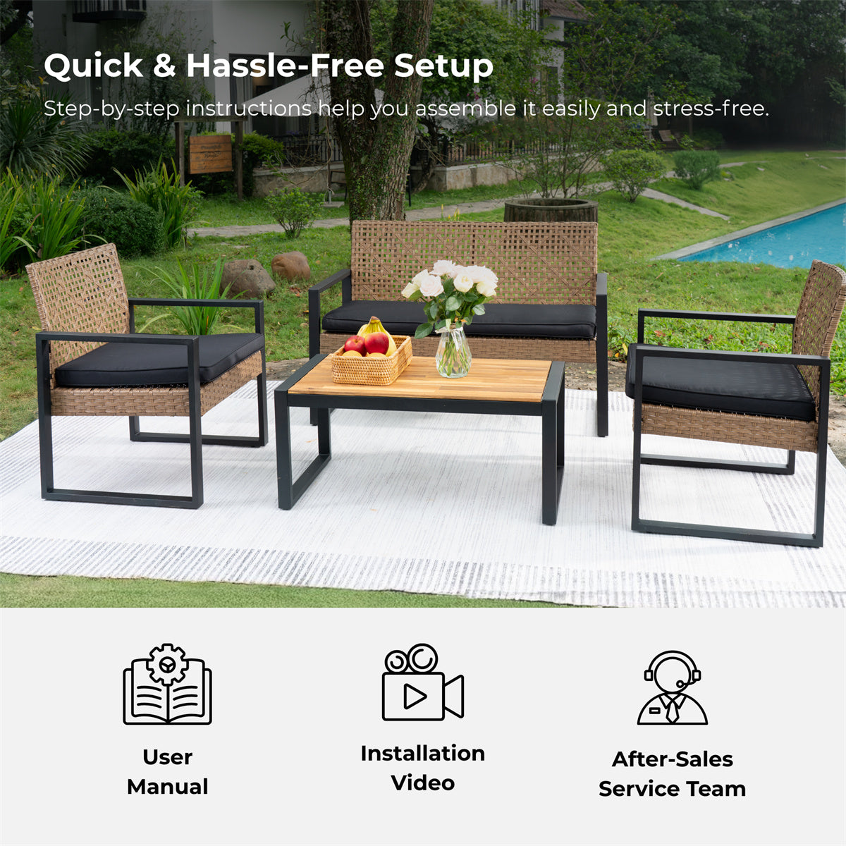 YIORTWO 4-Piece Patio Furniture Set, Outdoor Wicker Conversation Set with Acacia Wood Coffee Table and Beige Cushions, Light Brown - VANELC
