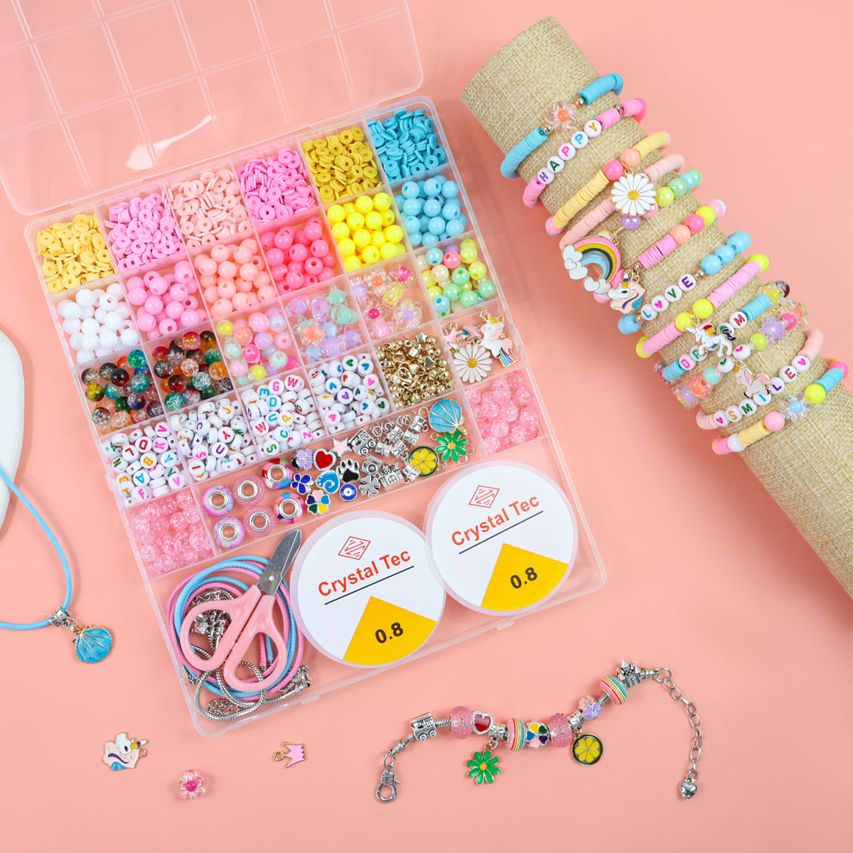 Bracelet Making Kit for Kids, 28-Compartment Unicorn Jewelry Activity Kit with Beads & Charms, Craft Gift for Birthday Gifts Ages 6-12