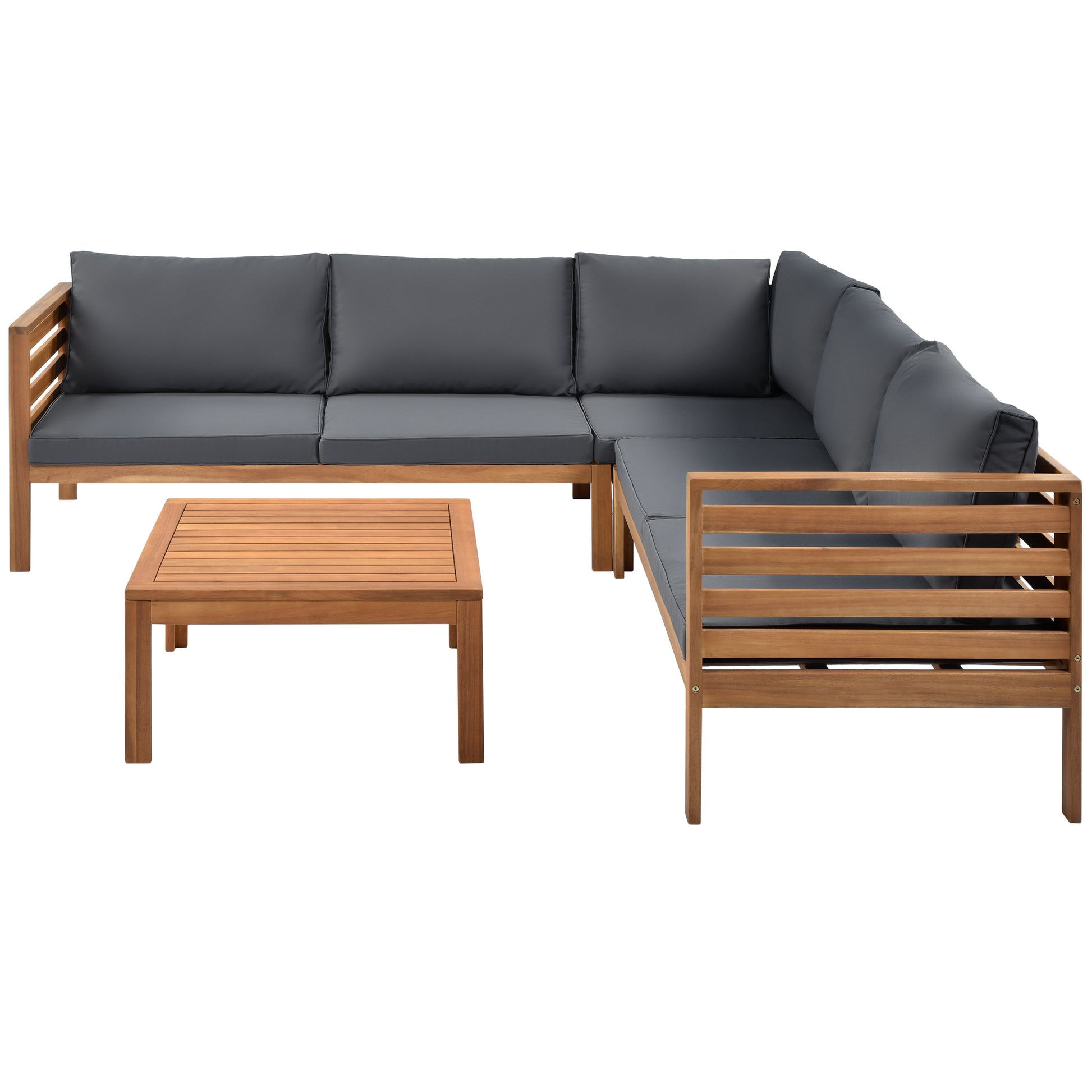 YIORTWO Acacia Wood Outdoor Sofa Set, 4-Piece Modular L-Shaped Sectional with Beige Cushions, Coffee Table, Water-Resistant & UV-Protected, Gray - VANELC